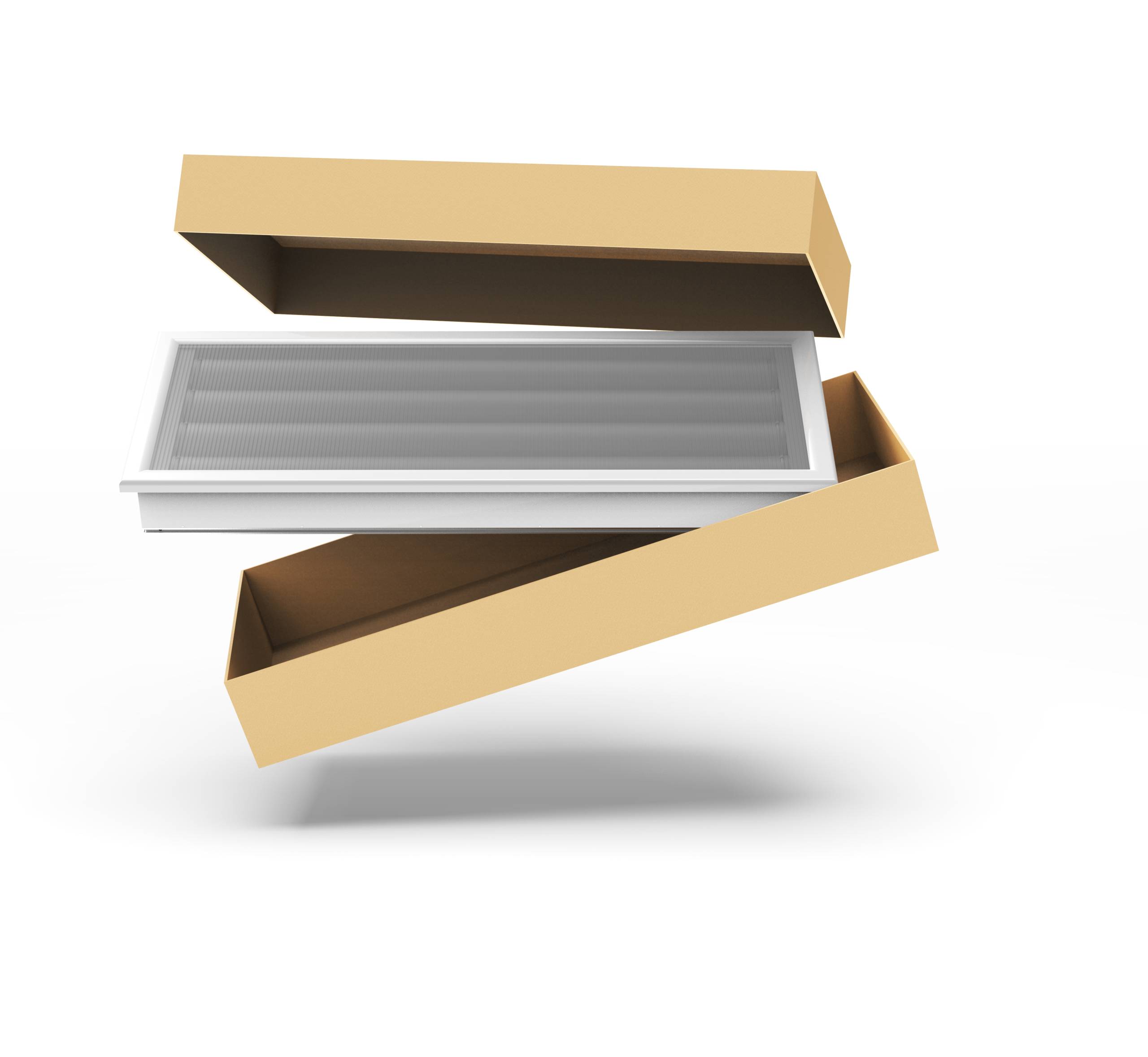 EGO BOX VOLANTE 2OMBRA - Pleion Open rectangular metal vent encased by overlapping brown cardboard boxes against a white background.