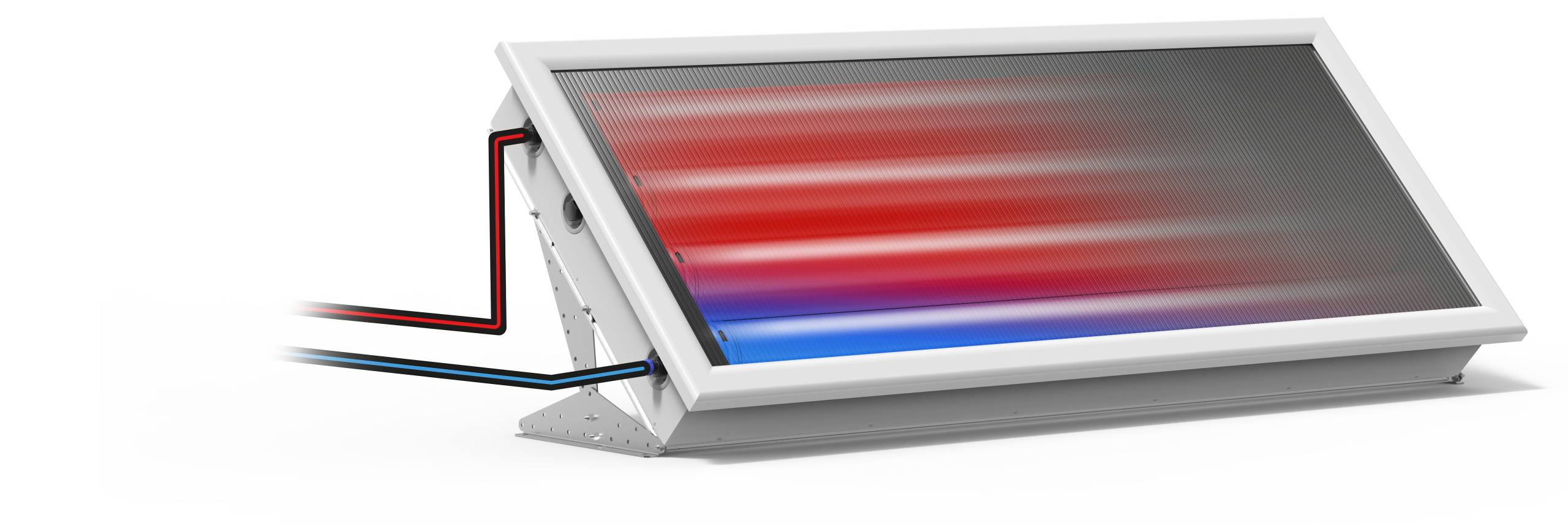 EGO FUNZIONAMENTO-tz-upscale-2x - Pleion Tilted solar thermal collector panel with red and blue pipes for heating water and a white mounting frame beneath it.