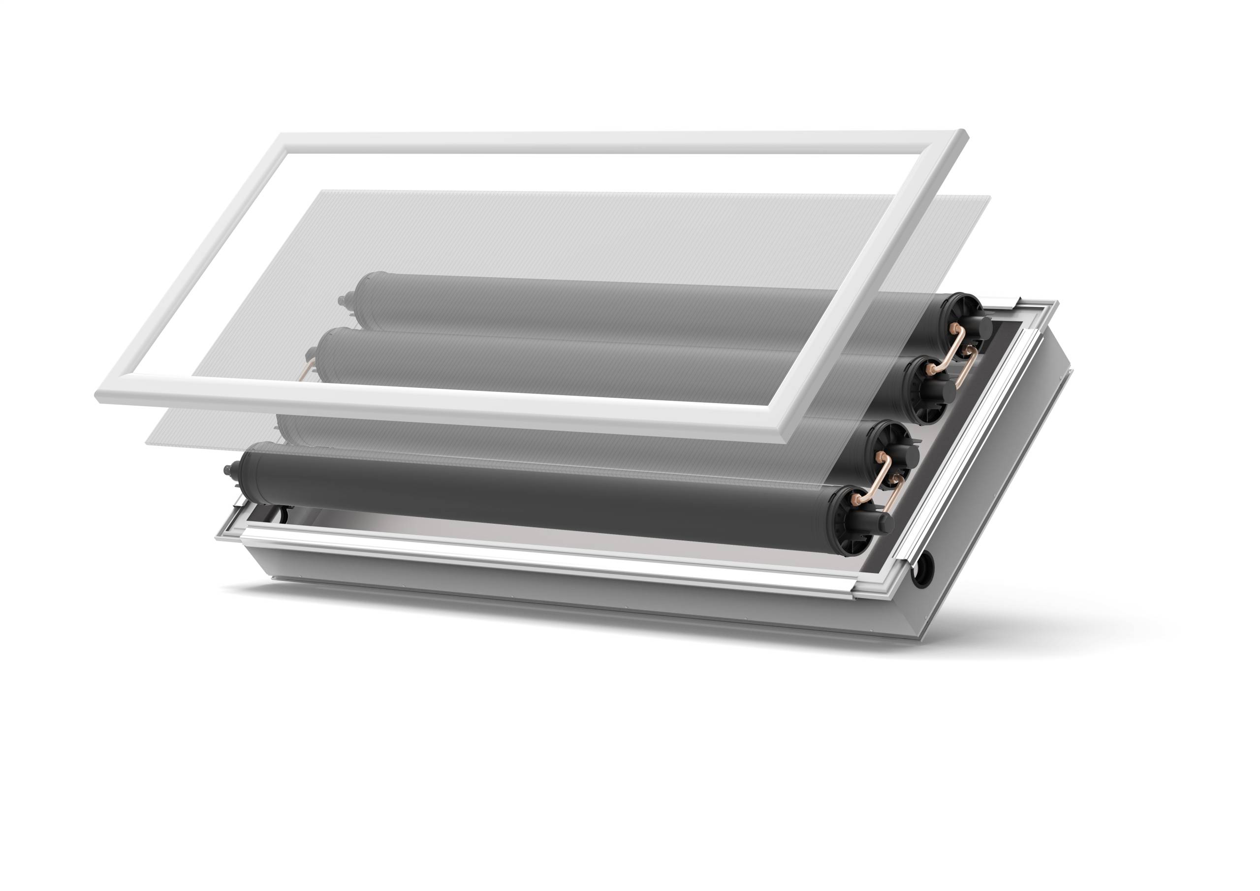 EGO WHITE ESPLOSO - Pleion Exploded view of a roller blind mechanism with a white rectangular frame and cylindrical rollers inside the housing