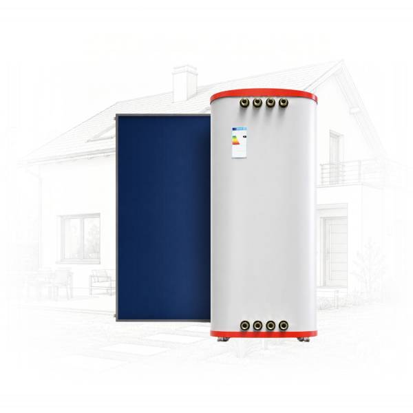 Industrial-looking cylindrical water heater with red rims beside a dark blue panel; wall-mount connections on top, set against a house sketch backdrop