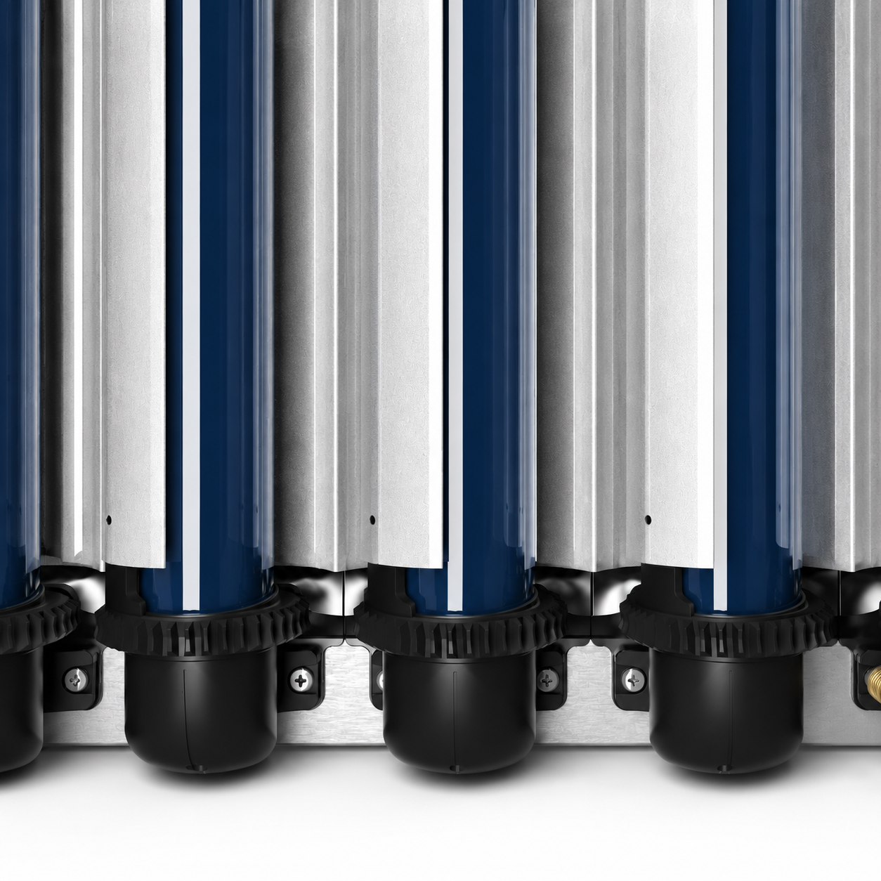 32719CF1-D13C-4736-8AE7-8CEFD75E3B95 - Pleion Row of vertical industrial actuators with blue bodies and silver rails mounted on a metal base, viewed in close-up.