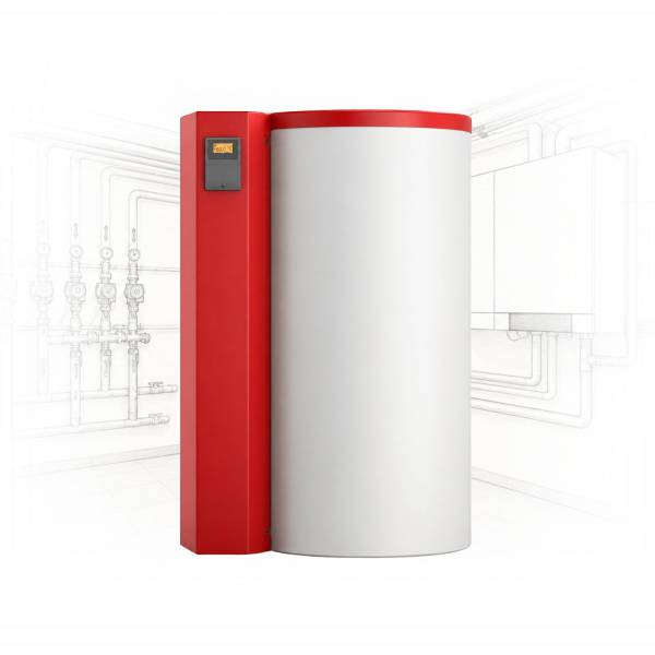 Industrial boiler with a red control panel beside a tall white cylindrical tank, set against faint engineering drawings in the background.