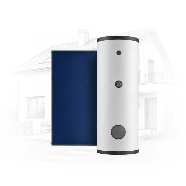 Tall white vertical water heater cylinder with black rims beside a dark blue panel, set against a faint line-drawn house exterior in the background.