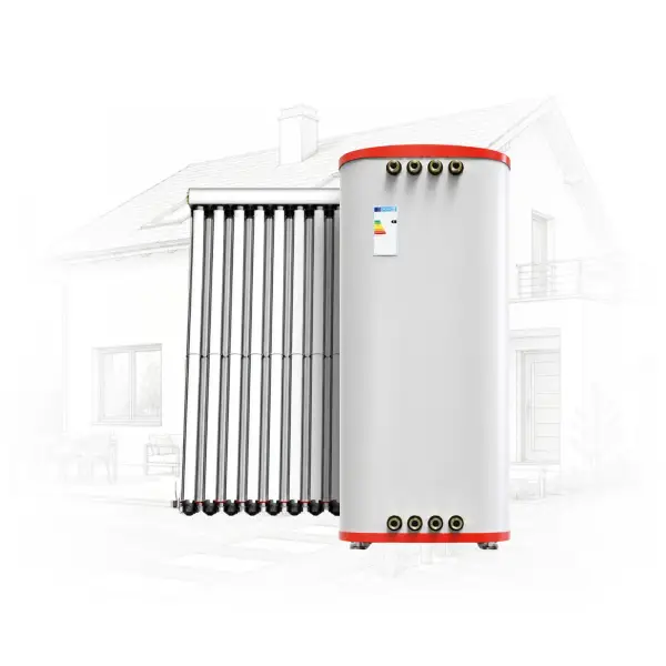 Home solar water heater with vertical vacuum-tube collector beside a tall storage tank in front of a light house outline.