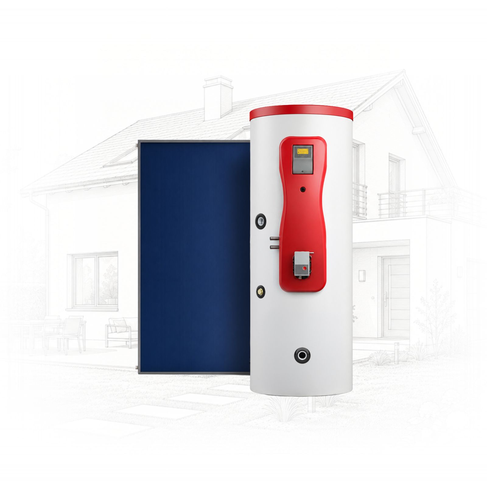 THERMA PLUS - Pleion White vertical water heater with a red control panel beside a blue panel, set against a pale line-drawn house background.