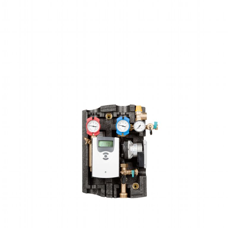 b13-7-3 - Pleion Hydronic heating manifold with three pressure gauges (red, blue, white) and a mounted digital controller/display.