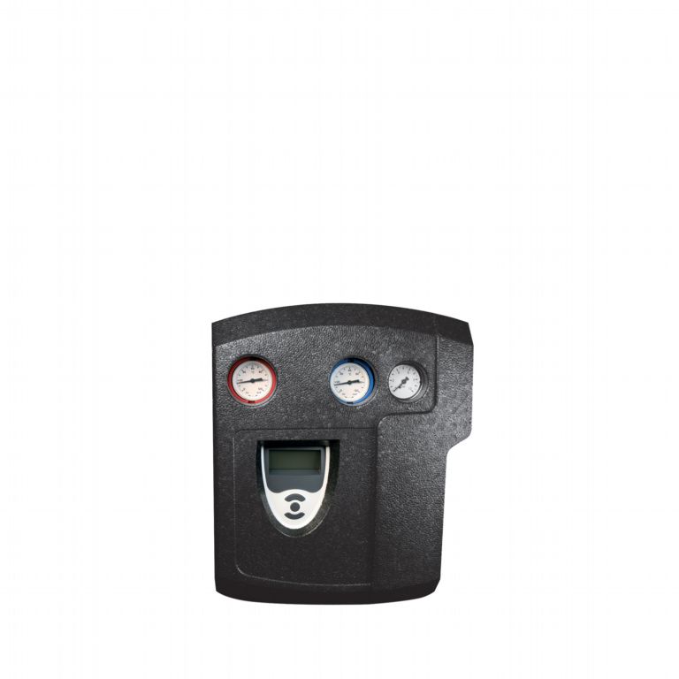 b13-7-4 - Pleion Portable gas regulator with three pressure gauges and a small digital display on a textured dark housing