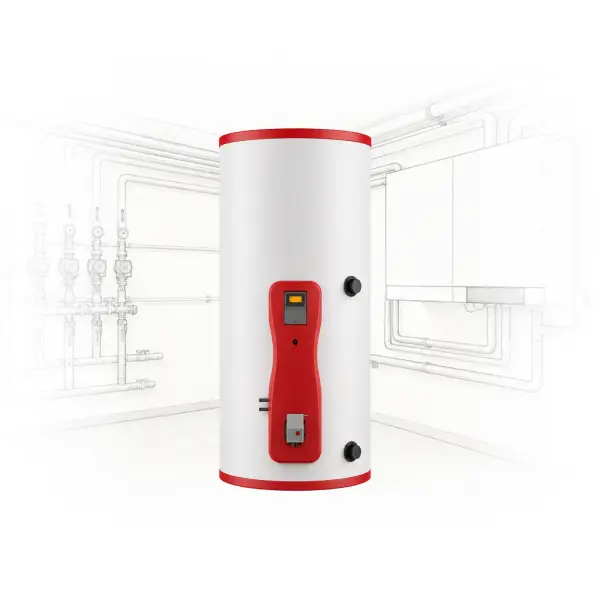 Large white cylindrical water heater with a red top and red front control panel in a mechanical room backdrop.