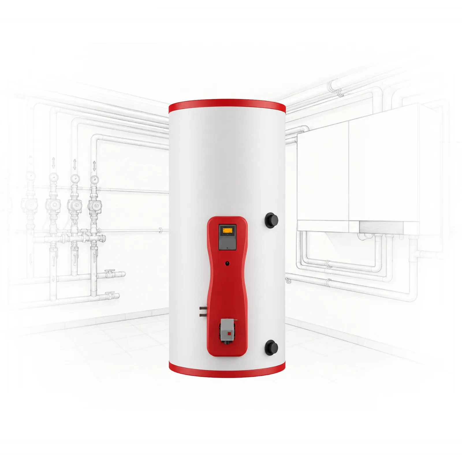 eco-compact-duo - Pleion Large white cylindrical water heater with a red top and red front control panel in a mechanical room backdrop.