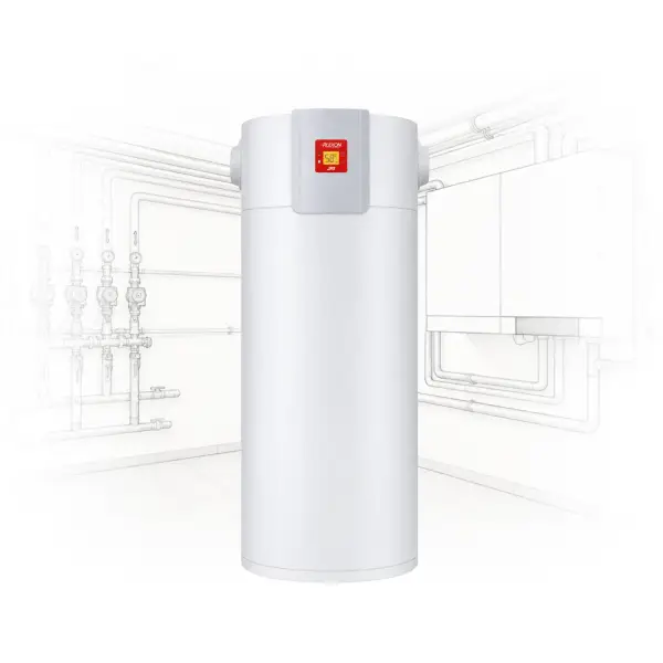 White vertical cylindrical water heater with a red control panel on the front, set against faint plumbing diagrams in a mechanical room.