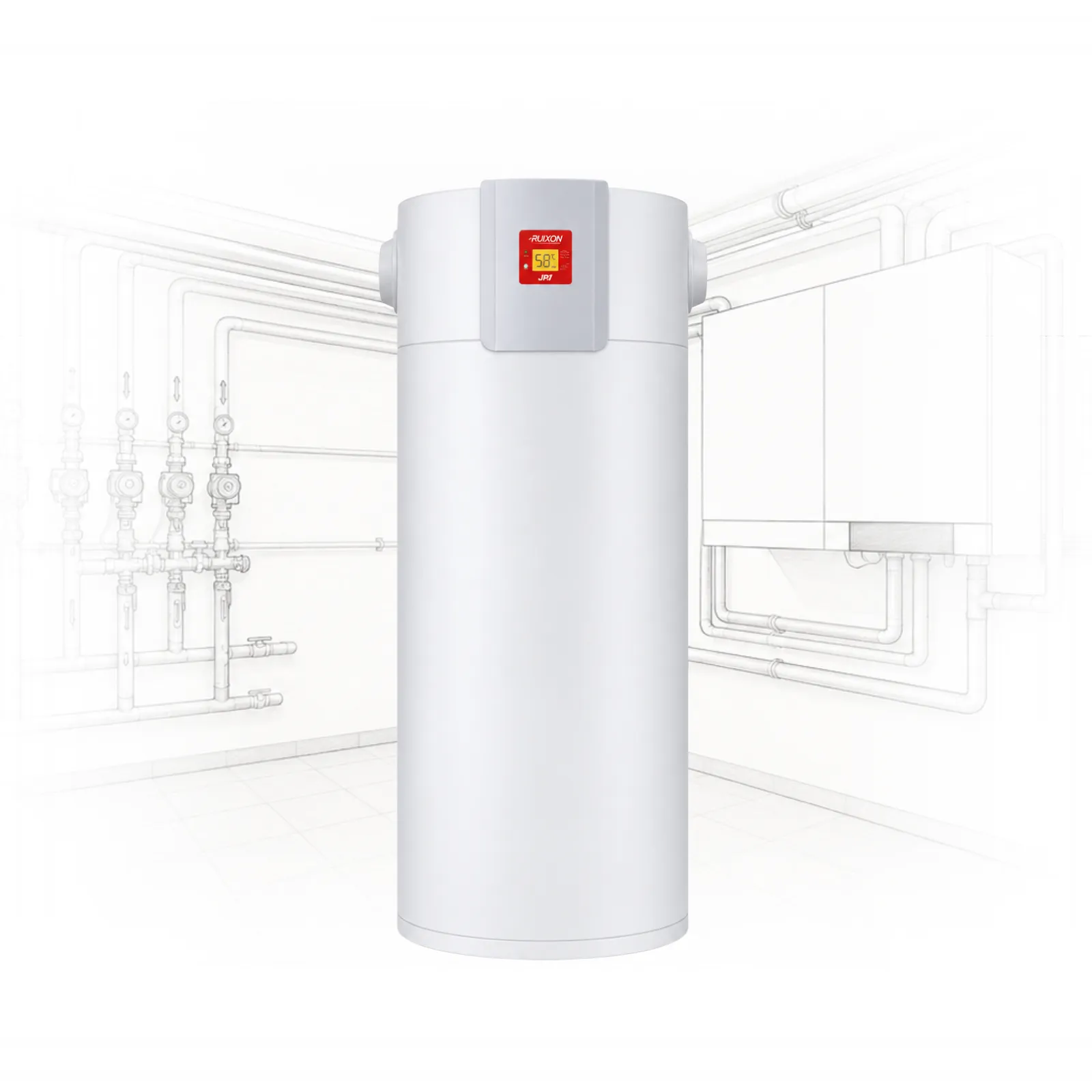 jet - Pleion White vertical cylindrical water heater with a red control panel on the front, set against faint plumbing diagrams in a mechanical room.