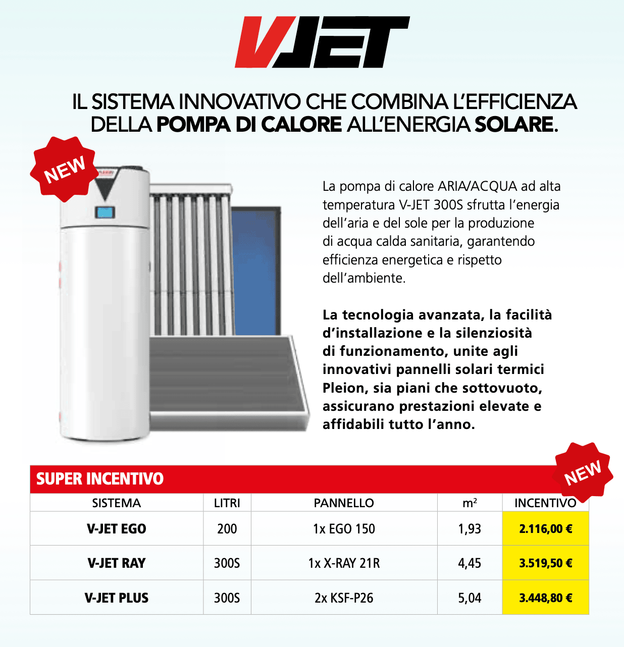 pleion-cet-3 - Pleion Promotional flyer for V-JET solar water heating system with a white storage tank, solar panels, and a price table.
