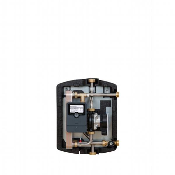 Internal view of a compact heating system valve module with a small pump and copper tubing inside a foam enclosure/ housing.