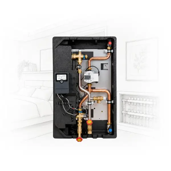 Domestic boiler with copper pipes, valves, and a control unit inside a black housing.