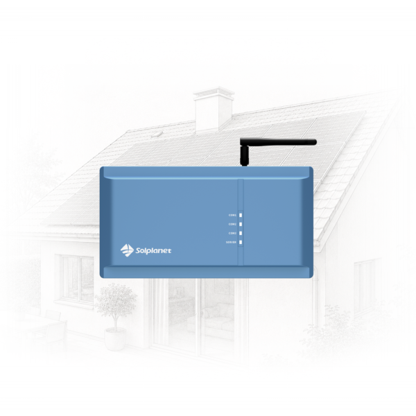 Blue Solplanet device (likely a solar inverter) with a black antenna in front of a house with rooftop solar panels in the background.