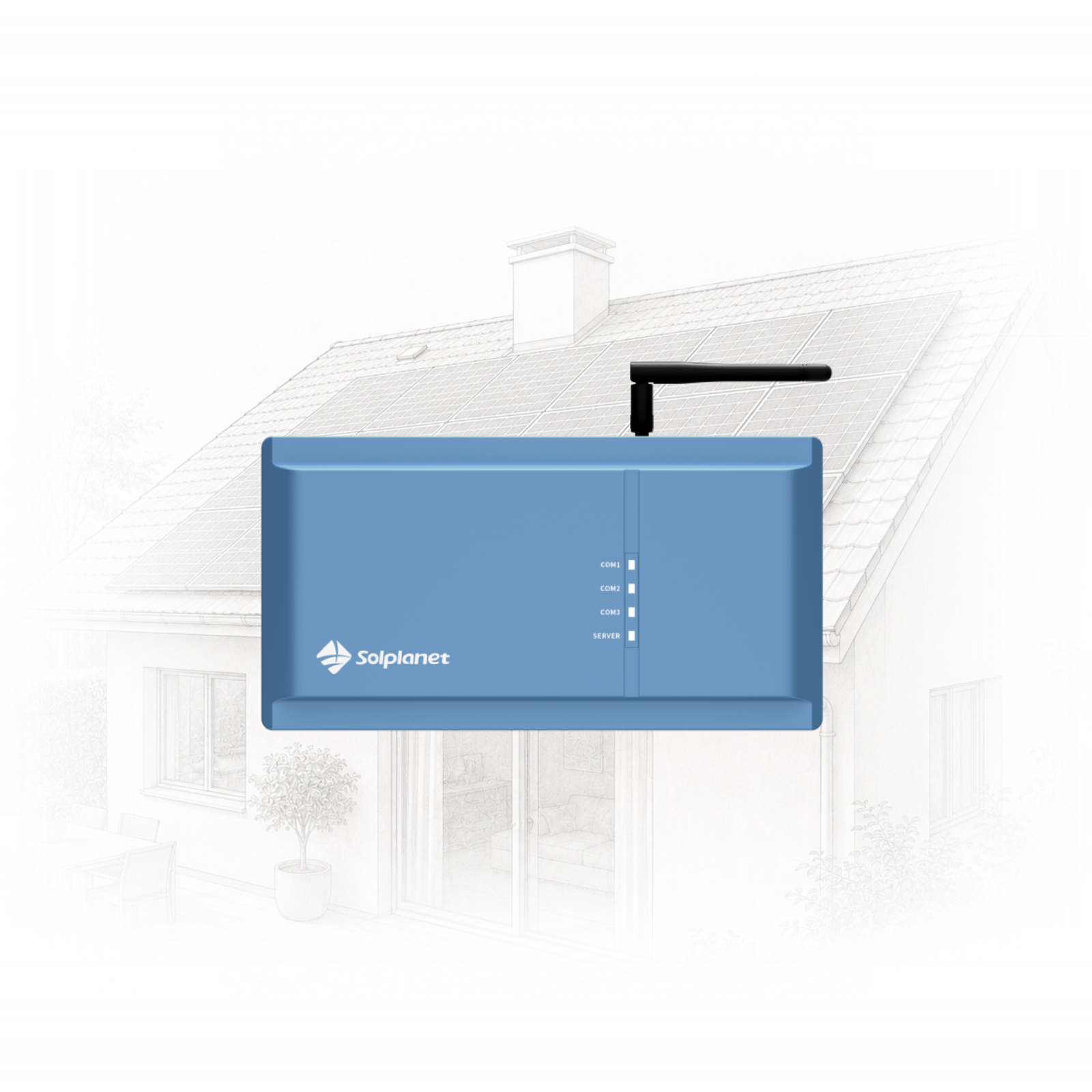 146 - Pleion Blue Solplanet device (likely a solar inverter) with a black antenna in front of a house with rooftop solar panels in the background.