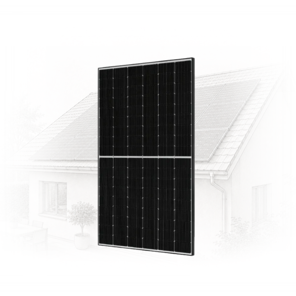 Large dark solar panel standing upright in front of a house with faint background roof panels, highlighting a solar installation in progress.