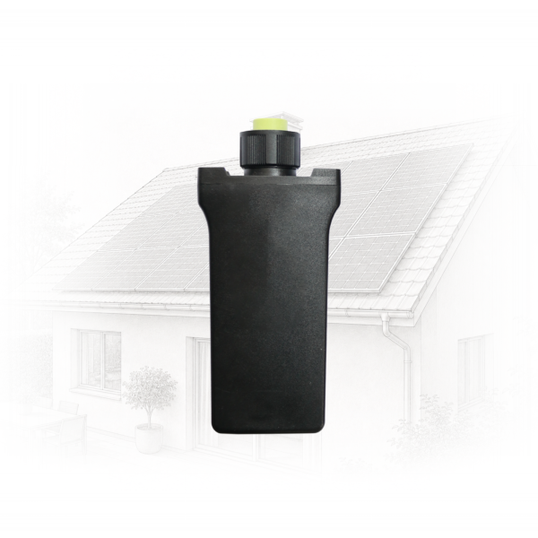 Close-up of a black vertical expansion tank with a yellow-green cap on top, set against a faded outline of a house with solar panels on the roof to suggest solar water heating.