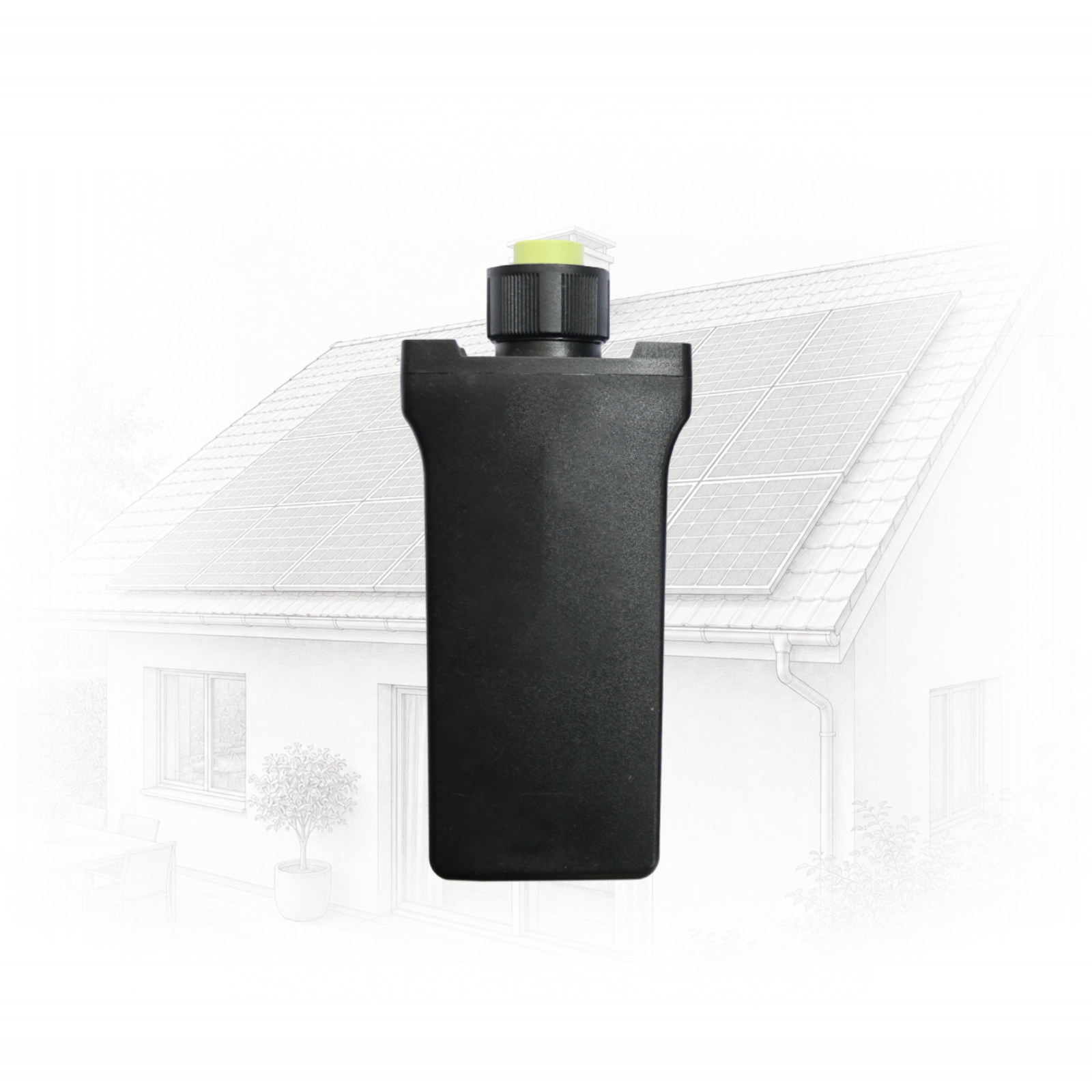149 - Pleion Close-up of a black vertical expansion tank with a yellow-green cap on top, set against a faded outline of a house with solar panels on the roof to suggest solar water heating.