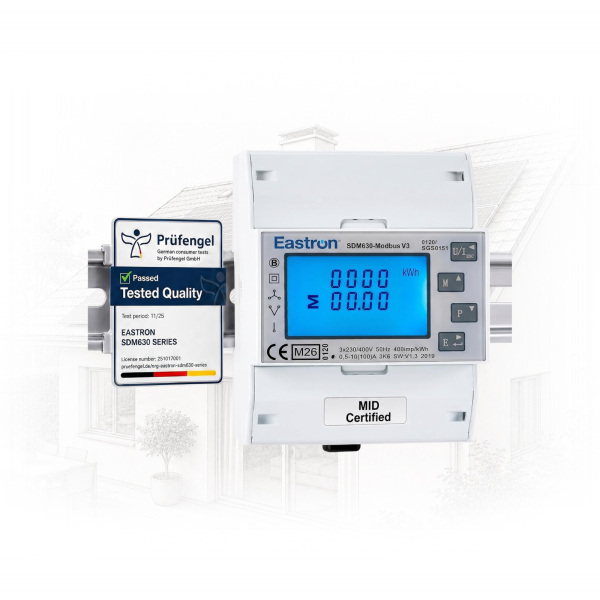 Electronic energy meter with a blue digital display mounted on a panel, showing MID Certified and a quality seal tag on the side.