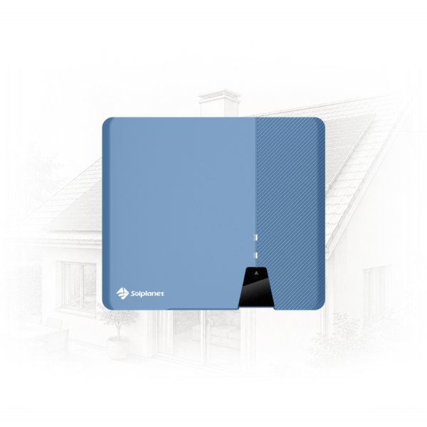Blue Solplanet solar inverter close-up, front panel with logo, against a faint house with solar panels in the background.