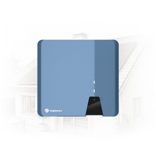 Blue Solplanet solar inverter with rounded corners, set against a pale architectural sketch of a house façade.