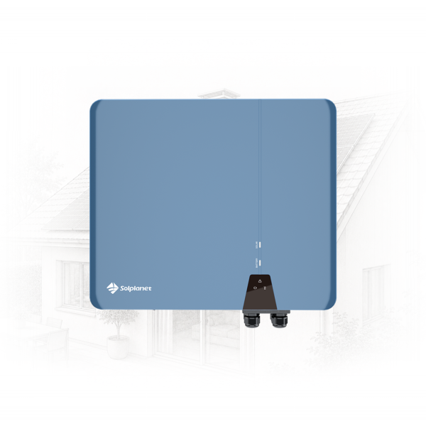 Blue Solplanet solar inverter with rounded corners and mounting bracket at the bottom, shown against a faint house with solar panels in the background.