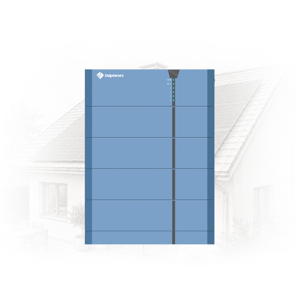 Blue Solplanet battery storage unit installed outdoors beside a house with solar panels in the background.