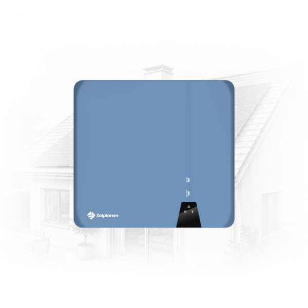 Blue Solplanet solar inverter with rounded corners, shown against a faint house outline in the background.
