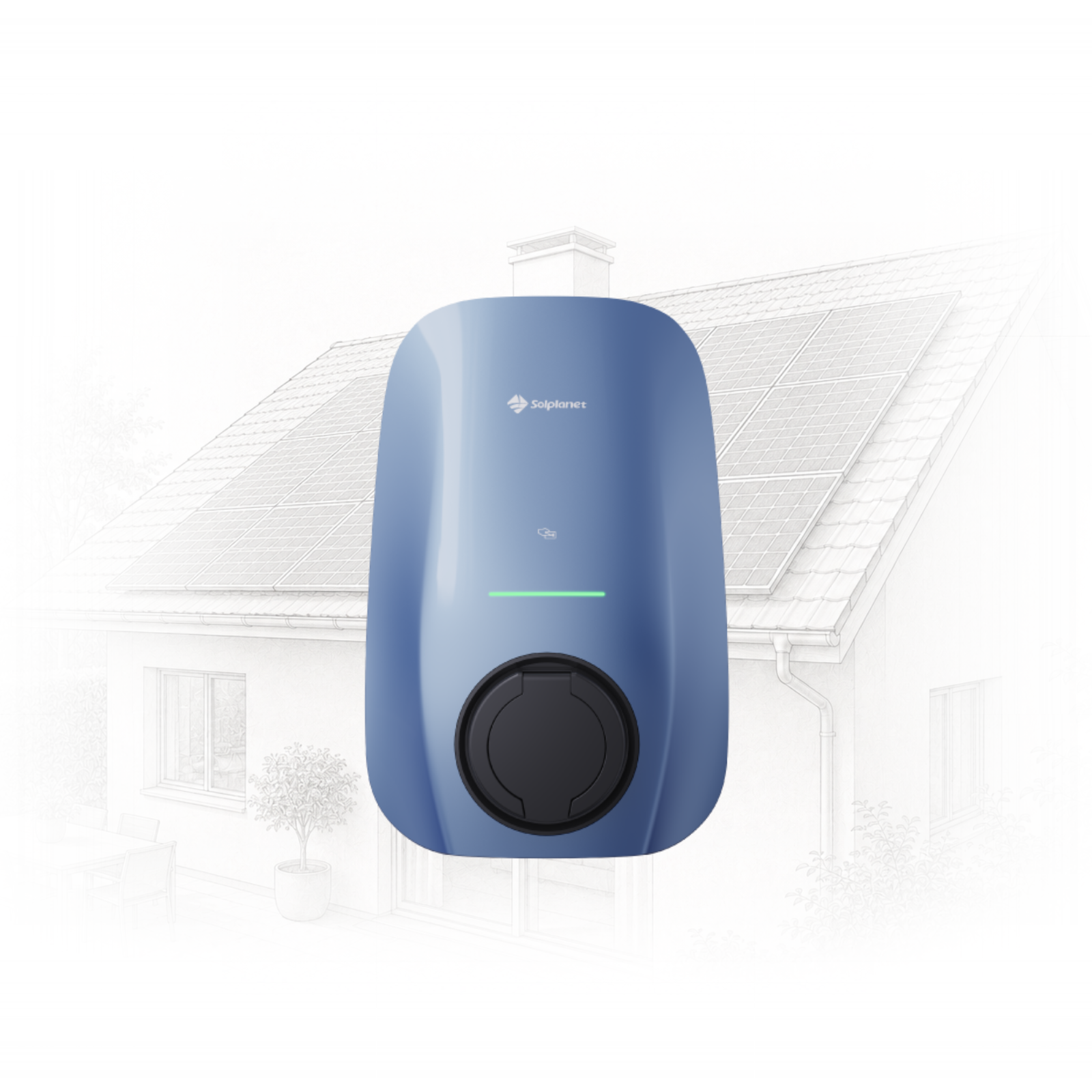 159 - Pleion Blue Solplanet unit in front of a house with rooftop solar panels, indicating a solar water heating system.