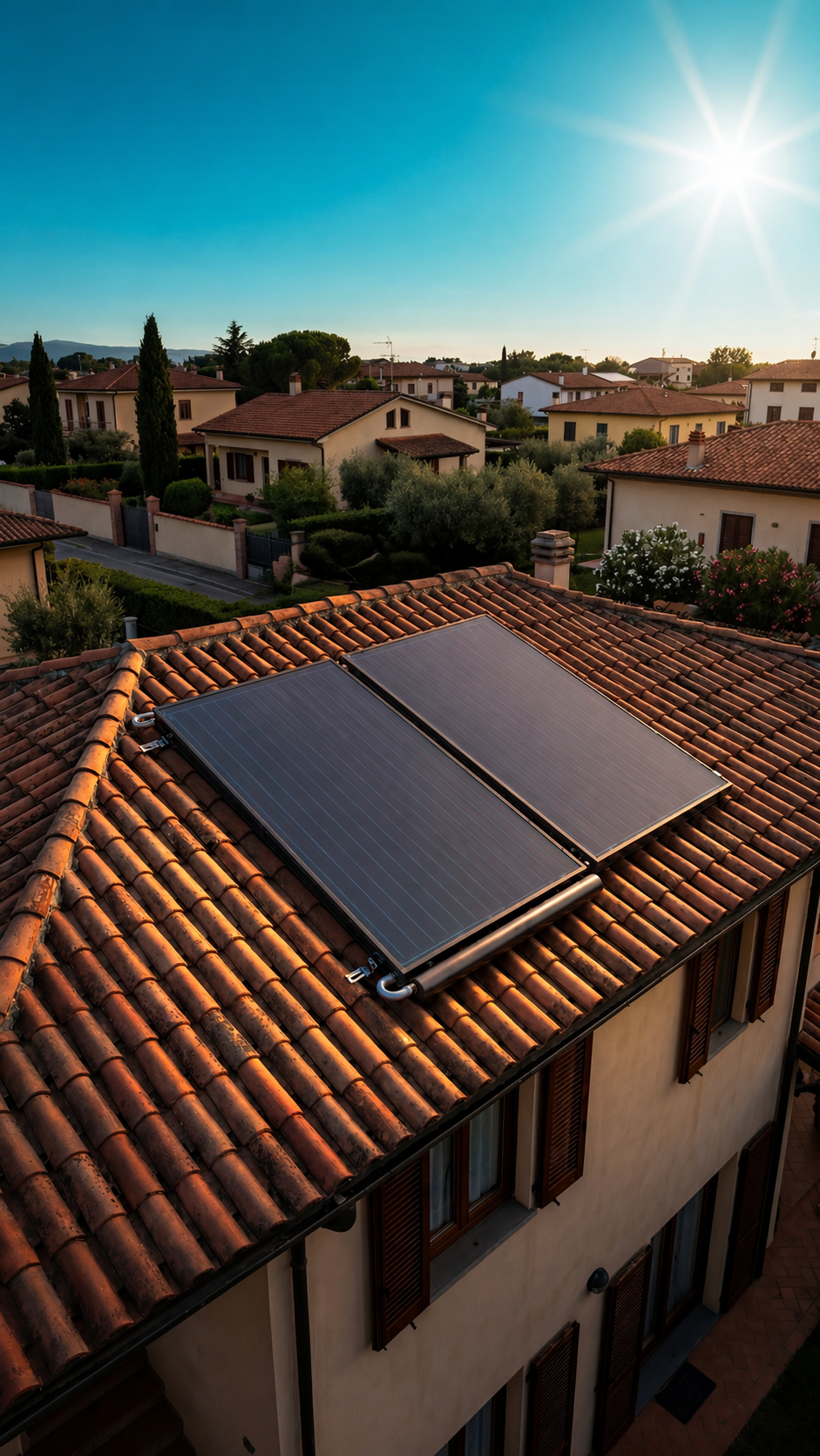 1F78004B-E5F5-4C8C-8B6E-31F7C49E8E1F - Pleion Solar panels mounted on a red-tiled roof in a sunlit suburban neighborhood.