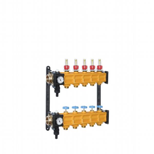 Dual-layer yellow valve manifold with red top caps and blue bottom handles on a black frame, featuring two left-side pressure gauges.