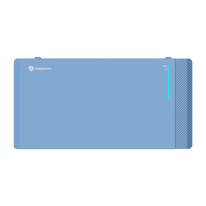 Ai-LB-G3-Front-1 - Pleion Blue Solplanet solar inverter with a vertical status bar on the right indicating operation