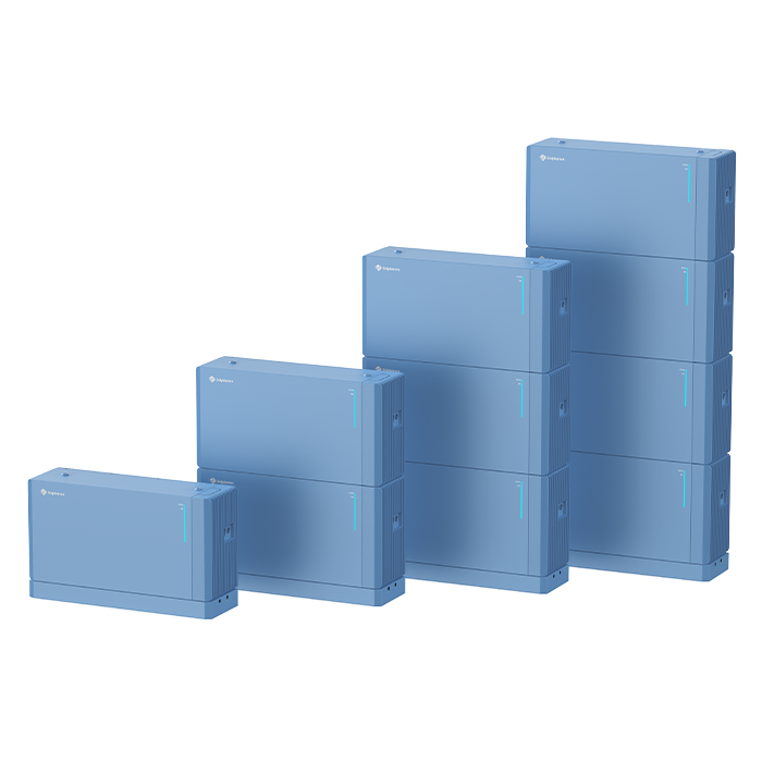 Ai-LB-G3-Front-Group - Pleion Stacked blue modular battery packs increasing in height from left to right, illustrating scalable capacity.