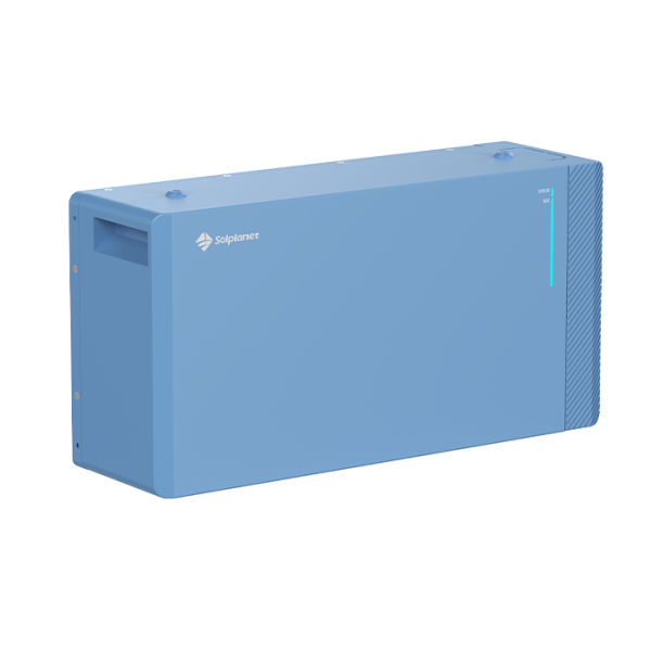 Blue Solplanet solar inverter cabinet photographed at an angle, with a vertical status indicator on the right side.
