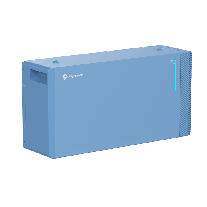Ai-LB-G3-Front-Left - Pleion Blue Solplanet solar inverter cabinet photographed at an angle, with a vertical status indicator on the right side.