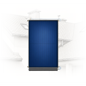 Blue vertical solar panel with inlet/outlet pipes mounted on a roof edge, illustrated against a faint architectural drawing background.