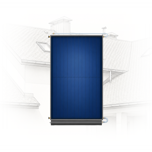 Blue vertical solar panel with inlet/outlet pipes mounted on a roof edge, illustrated against a faint architectural drawing background.