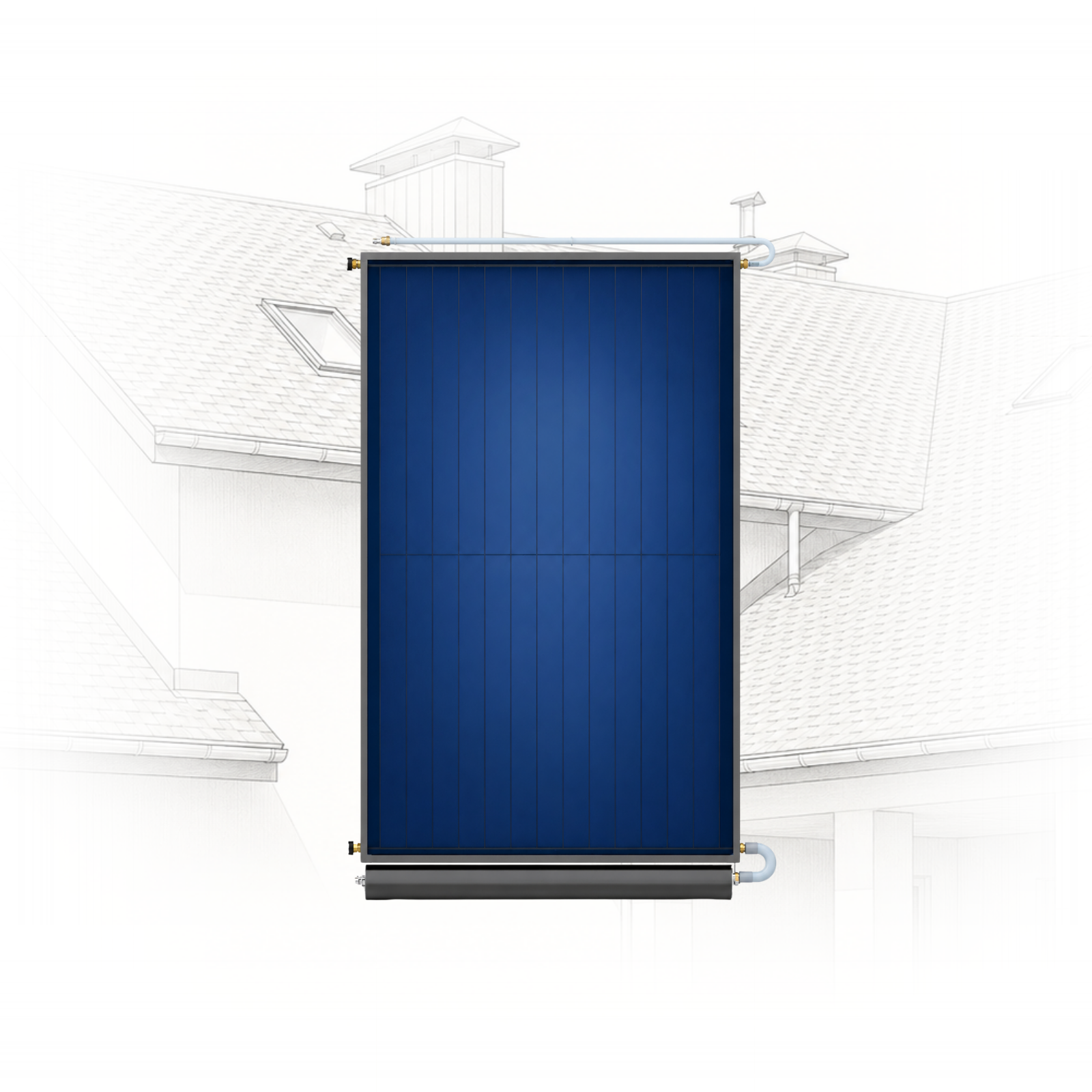 ELITE-001 - Pleion Blue vertical solar panel with inlet/outlet pipes mounted on a roof edge, illustrated against a faint architectural drawing background.