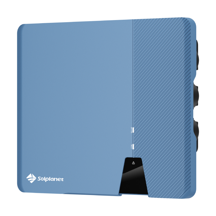 GALLERY-SOLPLANET-ASW-3-20-LT-G2-Pro_right-view - Pleion Blue Solplanet solar inverter with a textured ribbed right panel and a small black control area at the bottom center.