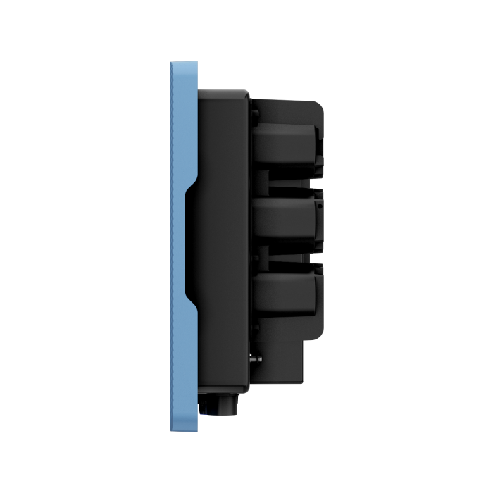 GALLERY-SOLPLANET-ASW-3-20-LT-G2-Pro_side-view - Pleion Side view of a blue electronic enclosure attached to a black modular unit with three stacked sections from the side.