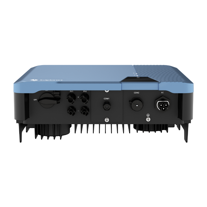 GALLERY-SOLPLANET-ASW-3-5-S_Blue_bottom-view - Pleion Rear panel of a blue laboratory instrument showing power switch, PV1/PV2 ports, COM1/COM2 connectors, and an AC input.