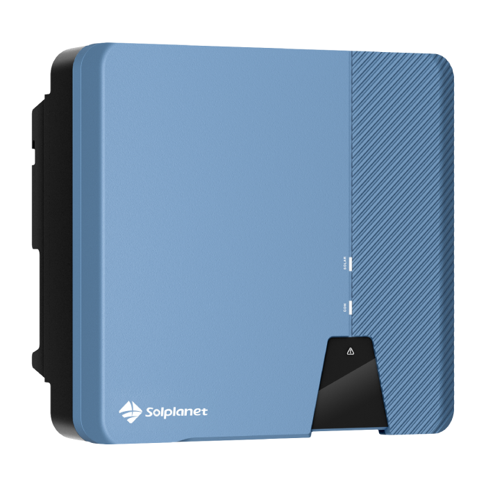 GALLERY-SOLPLANET-ASW-3-5-S_Blue_left-view - Pleion Solplanet blue solar inverter with textured right panel and small front display, viewed from front-left.