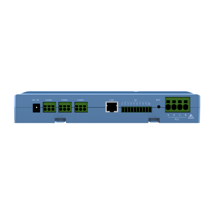 GALLERY-SOLPLANET-AiLogger-bottom-view - Pleion Back view of a blue industrial controller with multiple terminal blocks labeled DC IN, COM1-3, LAN, DI, RST and PLC terminals.