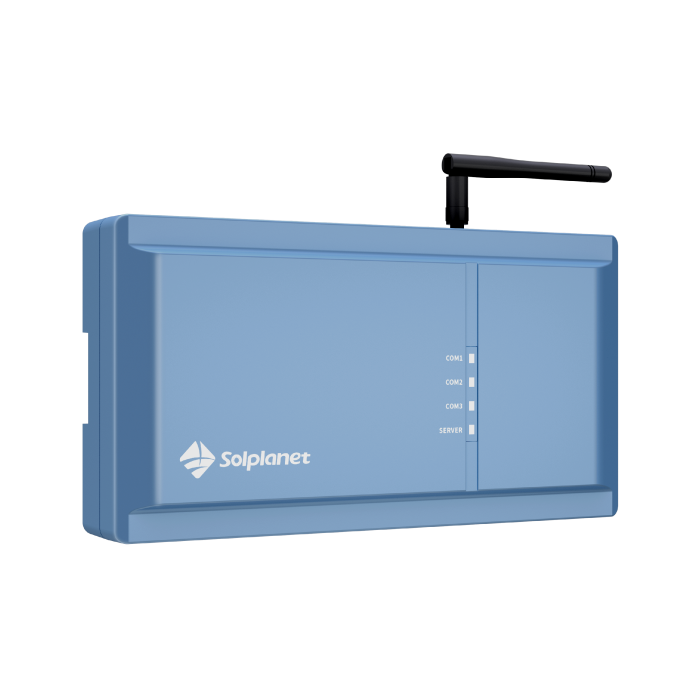 GALLERY-SOLPLANET-AiLogger-right-view - Pleion Blue Solplanet solar inverter with a black external antenna and LED status indicators (COM1–COM3, SERVER) on the right side, shown from a side angle.