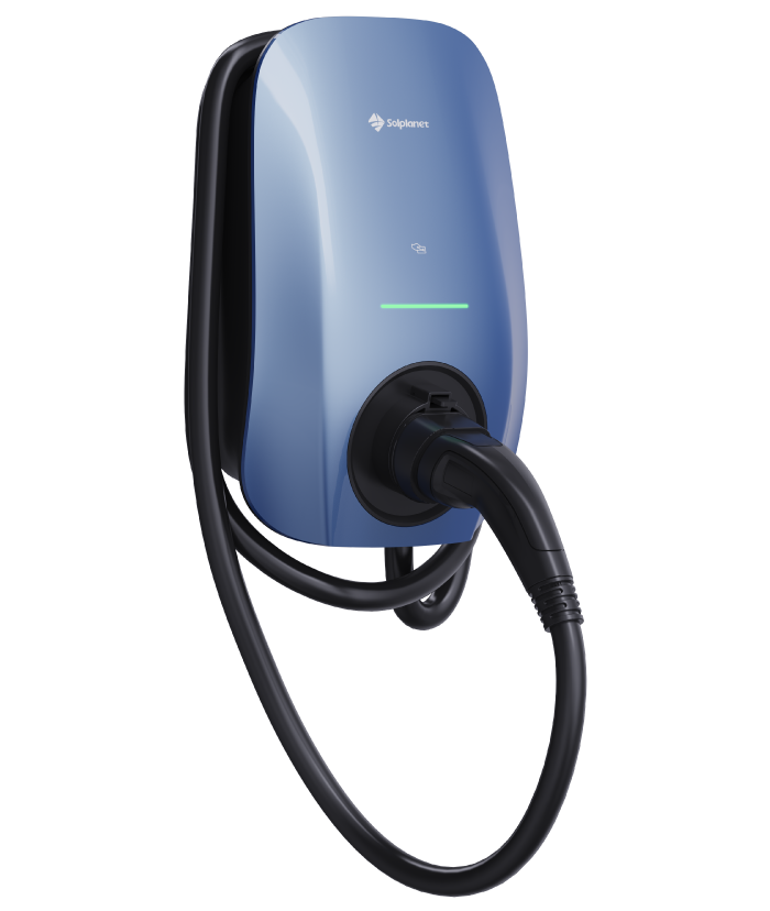 GALLERY-SOLPLANET-SOL-APOLLO_Cable_left - Pleion Blue Solplanet EV charging station mounted on a wall with a plugged-in cable and a green status light.