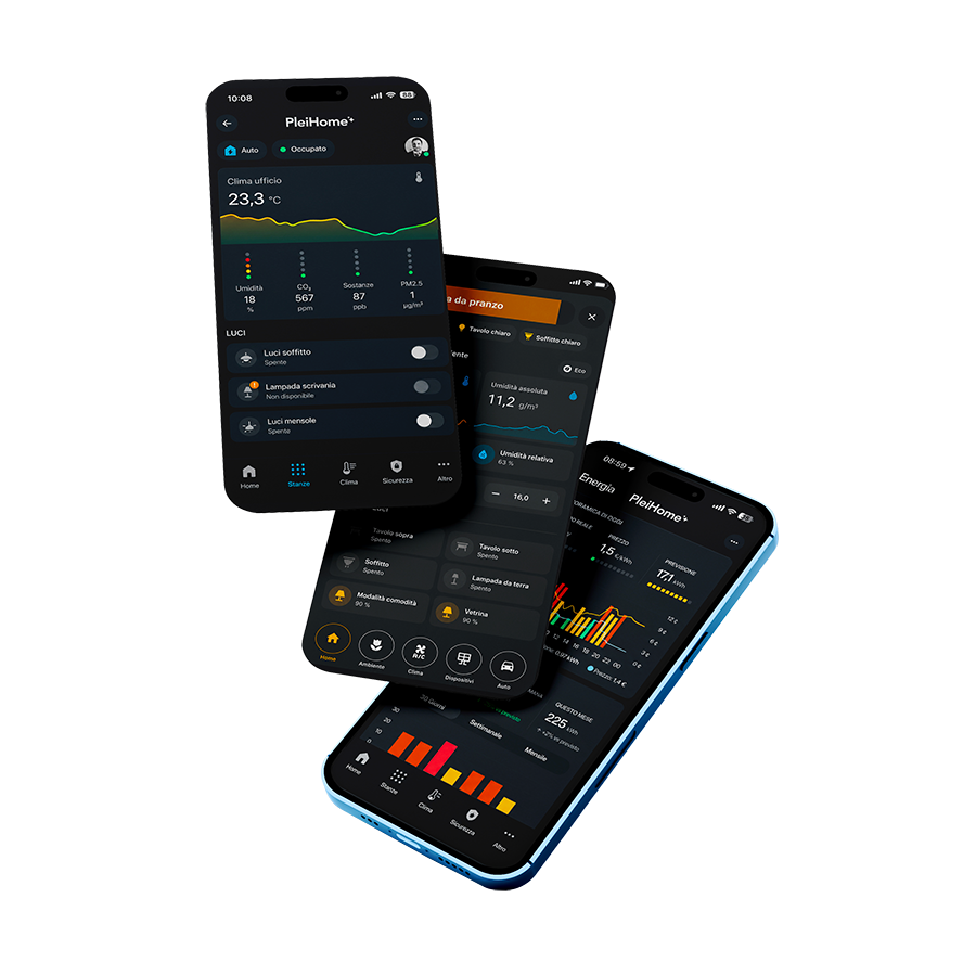 Schermate dell'app PleiHome: clima, consumi e produzione di energia