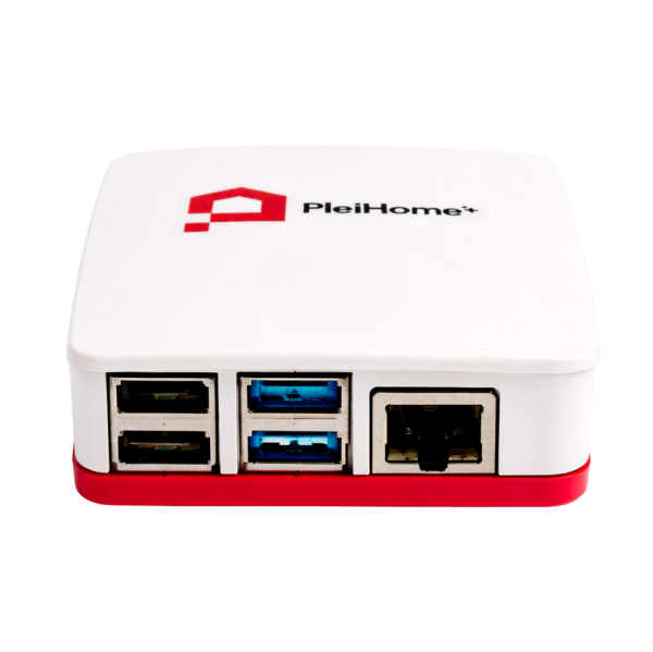 White PleiHome network device showing USB ports (two black, two blue) and an Ethernet jack on a red base, front view