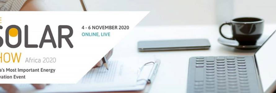 Banner advertising The Solar Show Africa 2020 (online, Nov 4–6, 2020) with a desk scene showing a laptop, notebook, and cup.