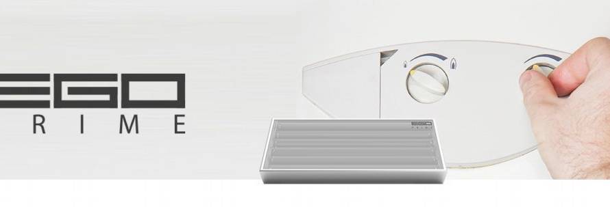 EGO PRIME logo on a light background with a white appliance; a hand turns the right knob on the device